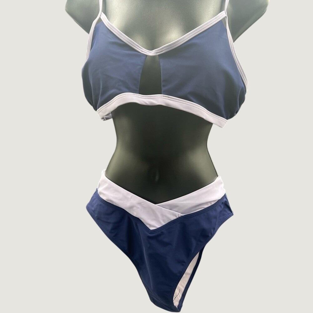 Cupshe Navy Blue‎ White Colorblock Keyhole Bikini Set High Waist Swimsuit NEW